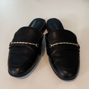 Black Leather Slip-On Loafers with Chain Detail